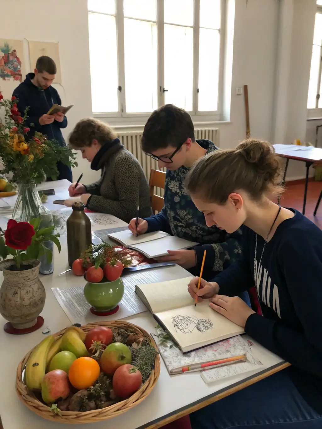 A vibrant image of a drawing class in session, with participants of various ages sketching still life arrangements, showcasing the organization's commitment to art education.
