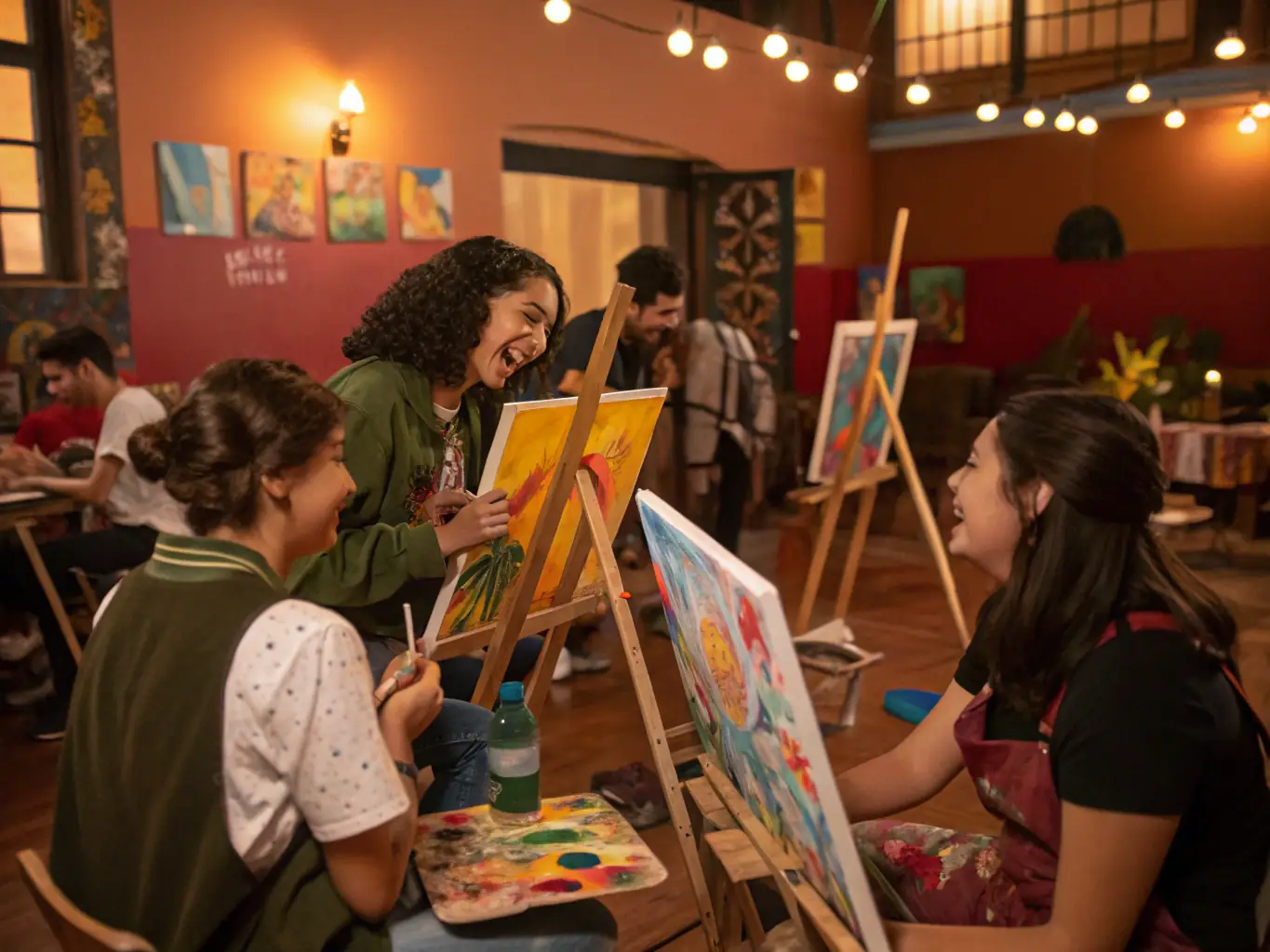 A vibrant image of a themed convivial gathering, with participants creating art together in a relaxed and festive atmosphere, surrounded by colorful decorations and art supplies.