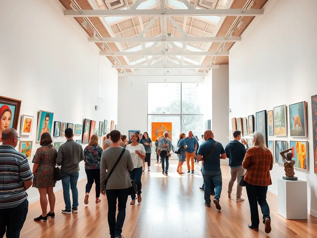 An image showcasing a group of people on a cultural visit to a local art gallery or museum. The participants are attentively observing and discussing the artworks, reflecting the association's commitment to promoting art appreciation and cultural awareness.