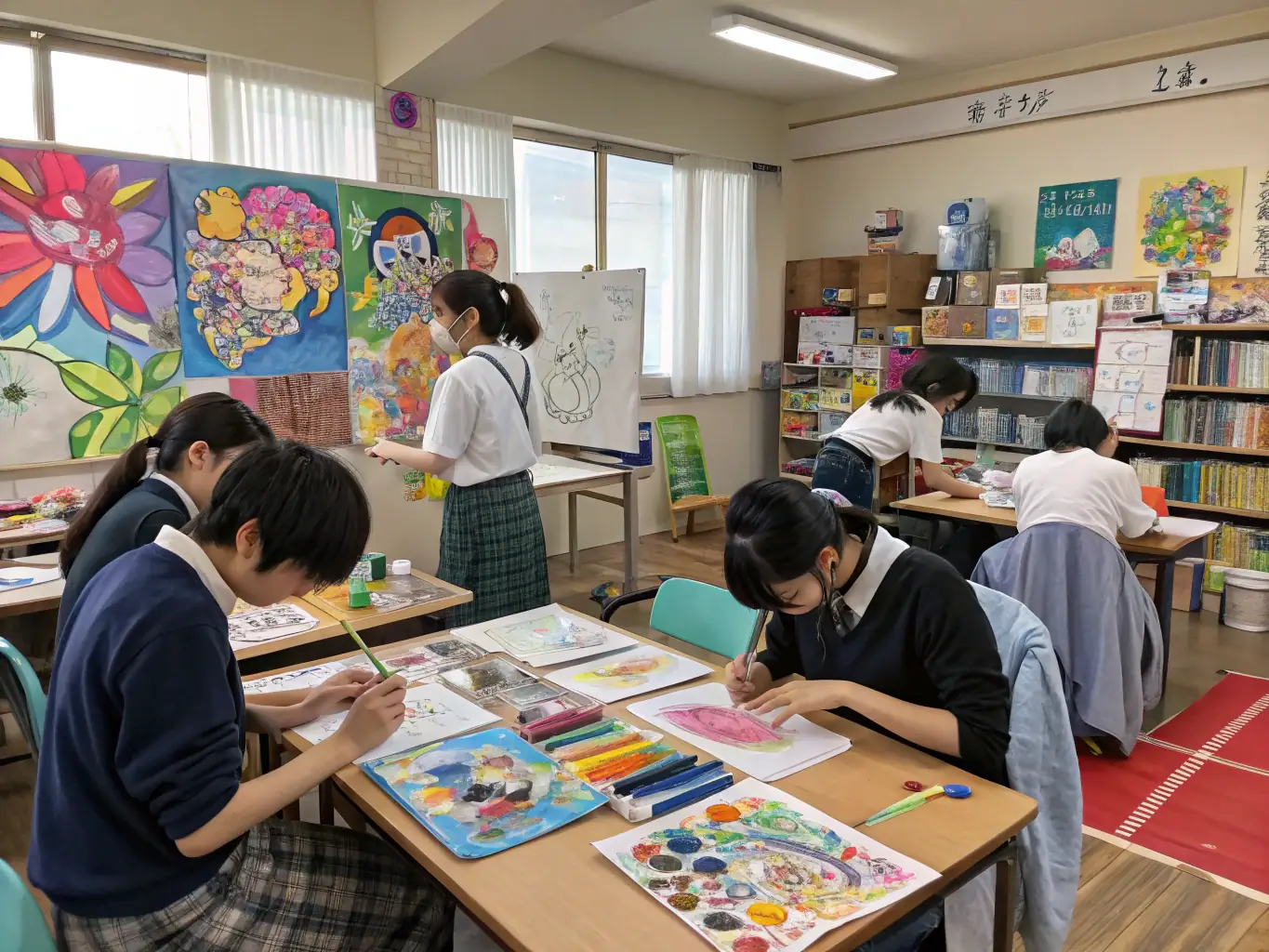 An inspiring image of a diverse group of community members engaged in a lively painting workshop, with vibrant colors and focused expressions.