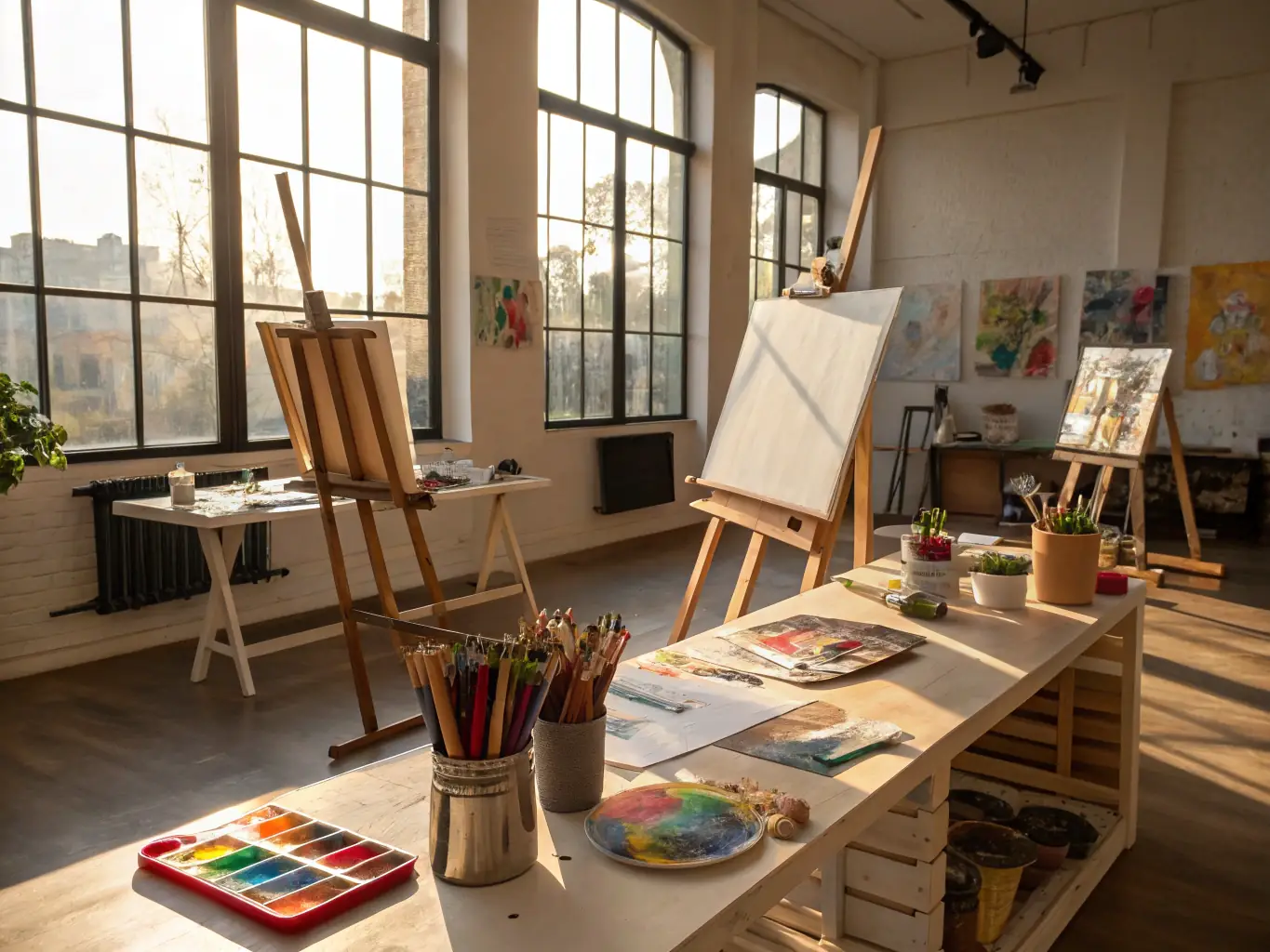 A vibrant image depicting participants of all ages engaged in a drawing workshop, with Monique Cognet guiding them. The setting is a bright, open studio filled with art supplies and natural light, capturing the essence of collaborative learning and artistic exploration.