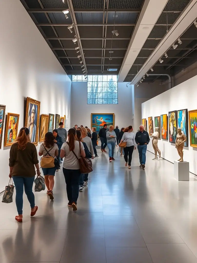A photograph capturing a cultural visit organized by the association, featuring participants exploring a local art gallery and engaging with the exhibited artworks.