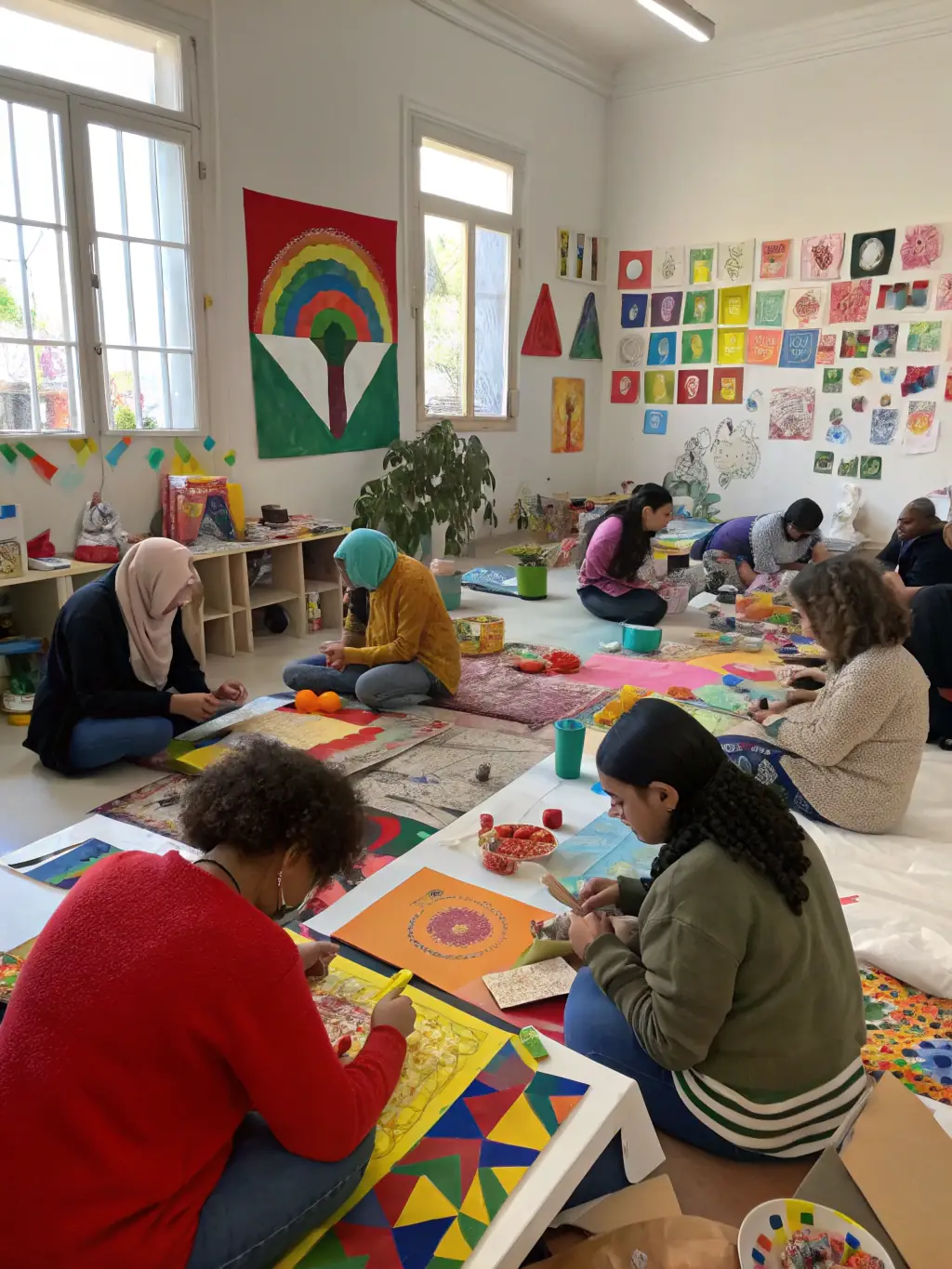 An image of a themed convivial gathering, showcasing participants engaged in artistic expression and sharing their creations in a relaxed and supportive environment.